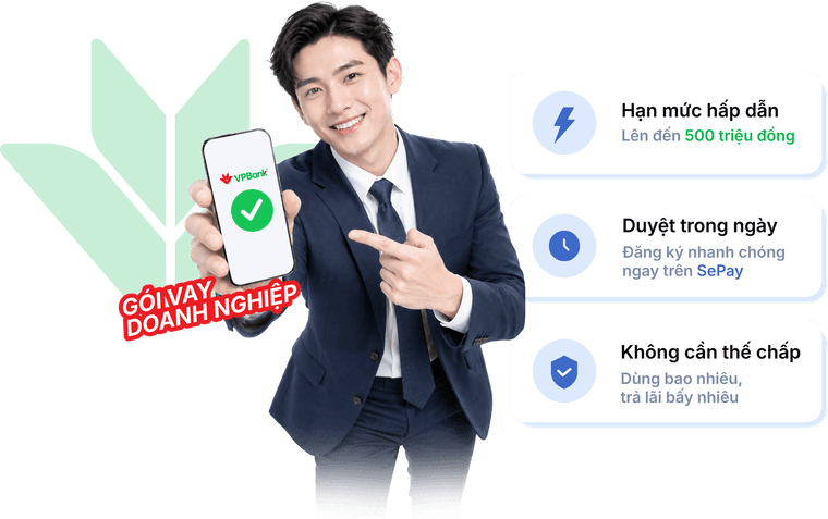 Gói vay doanh nghiệp VPBank đăng ký trên SePay, hạn mức lên đến 500 triệu đồng, không cần thế chấp