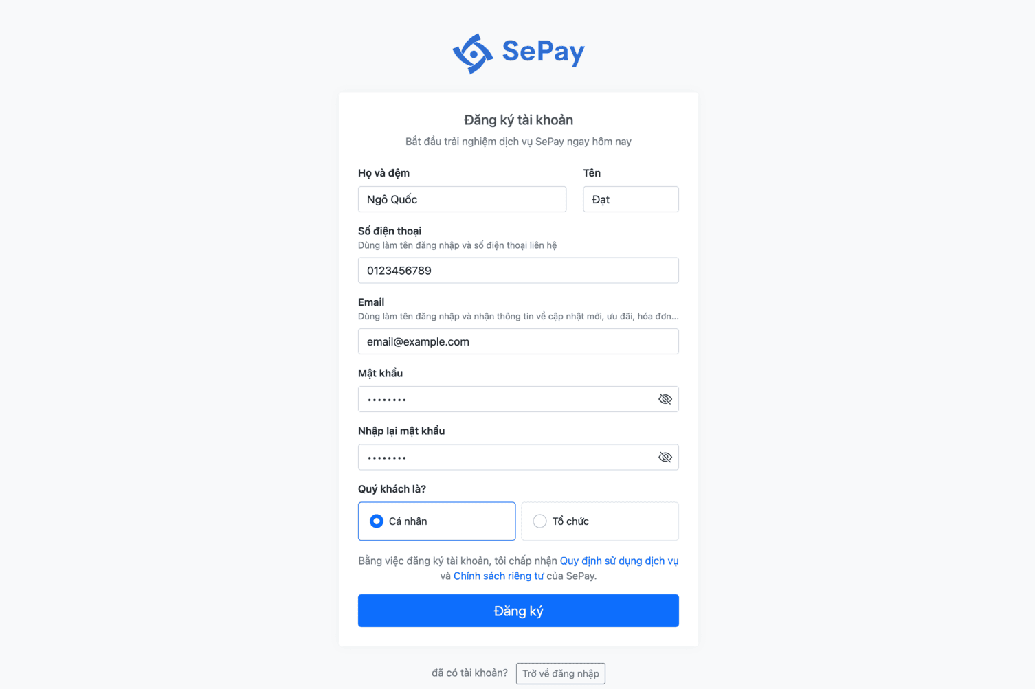 Đăng ký tài khoản SePay