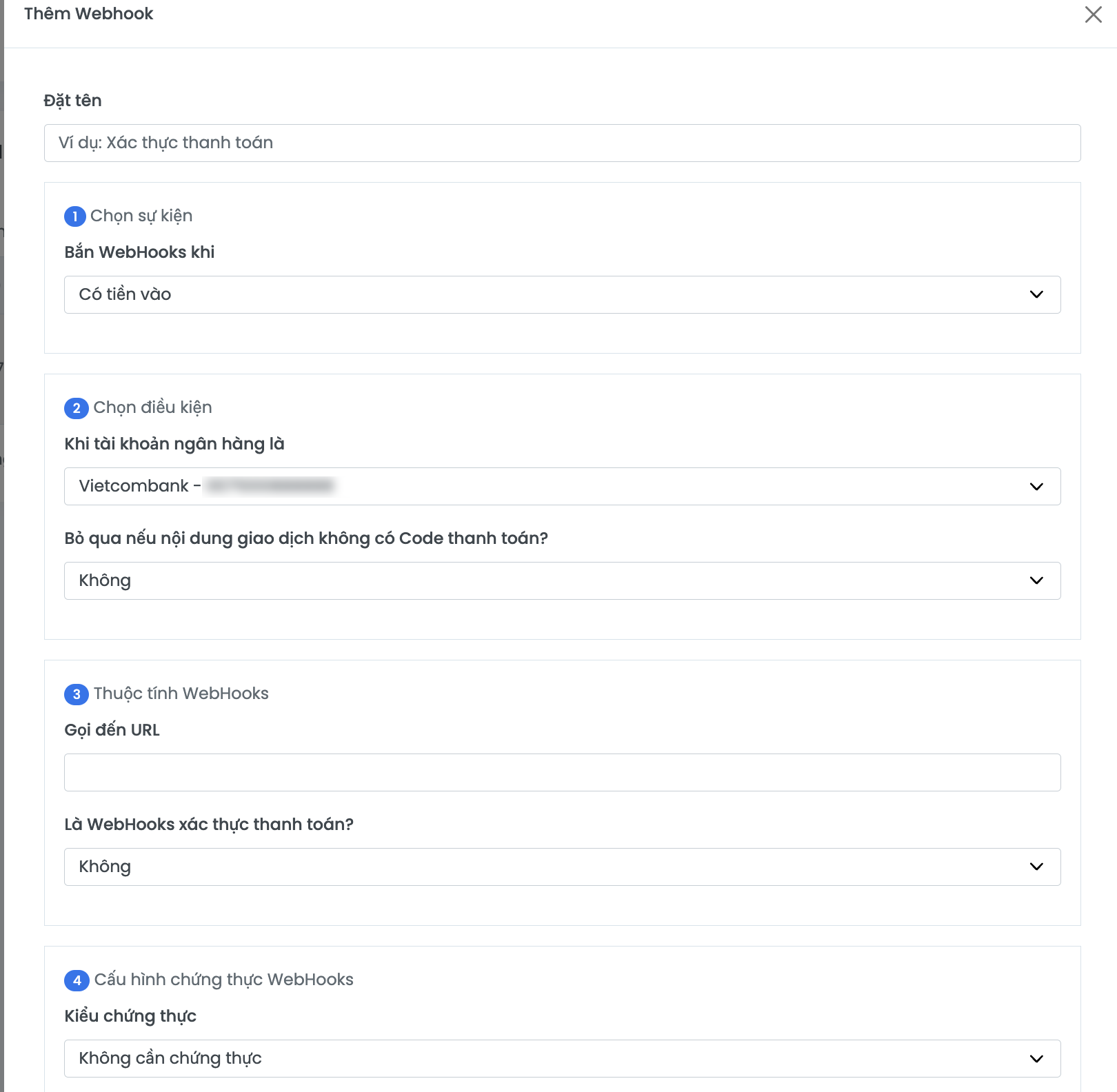 Giao diện thêm Webhooks của SePay