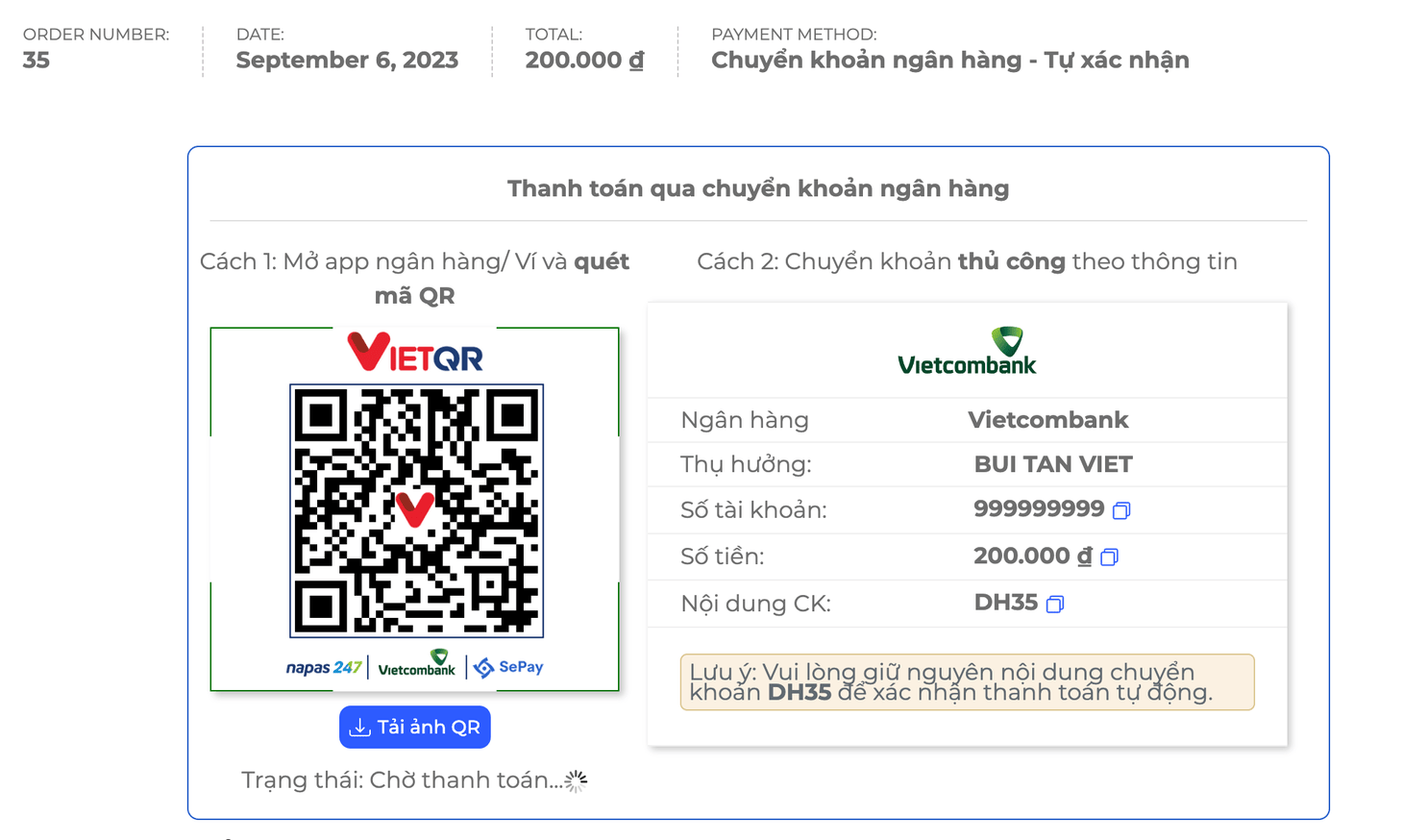 Thanh toán qua chuyển khoản ngân hàng bằng mã VietQR trên WooCommerce