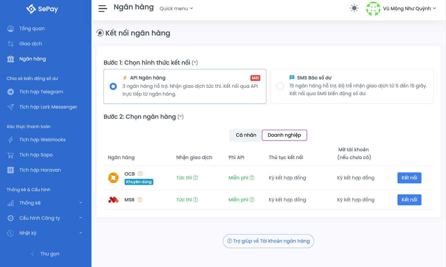Màn hình kết nối ngân hàng OCB trên trang quản trị SePay