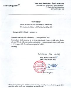 Văn bản xác nhận hợp tác giữa KienlongBank và SePay