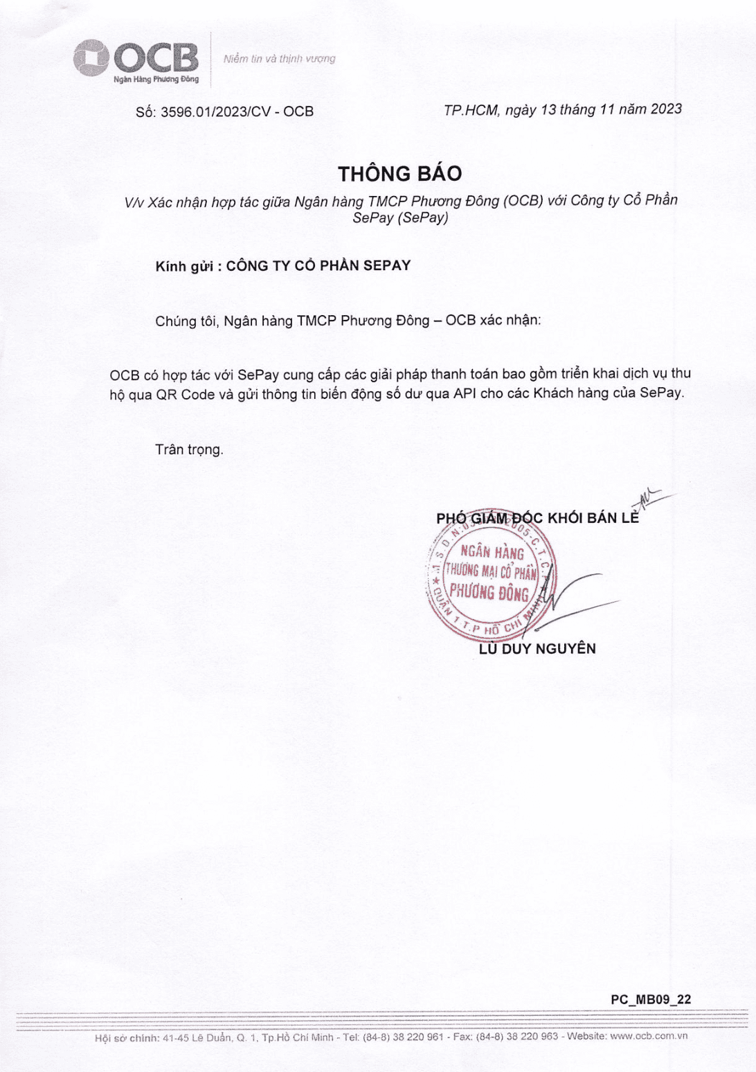 OCB chứng nhận