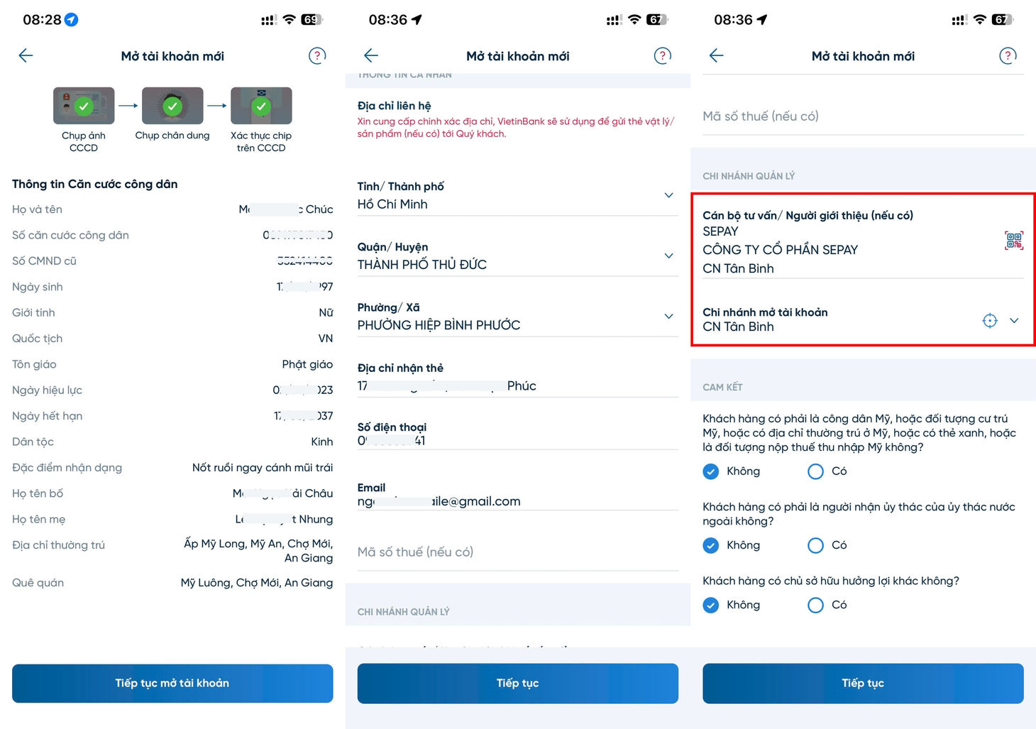 Nhập thông tin cá nhân và mã giới thiệu SePay khi mở tài khoản VietinBank