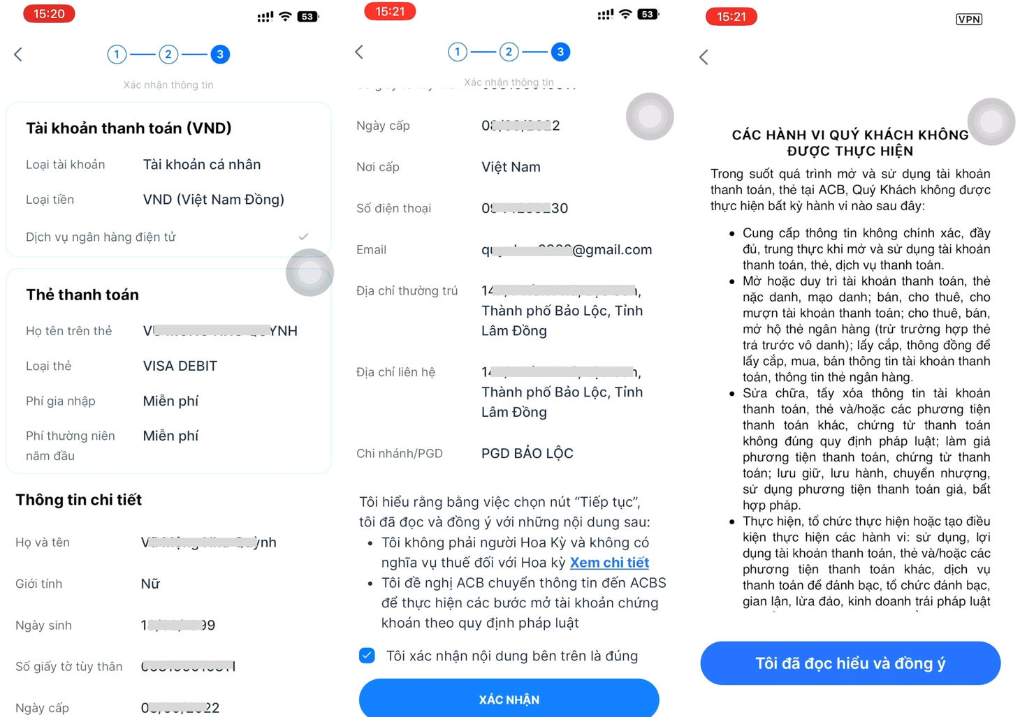 Nhập thông tin tài khoản thanh toán khi mở tài khoản ACB