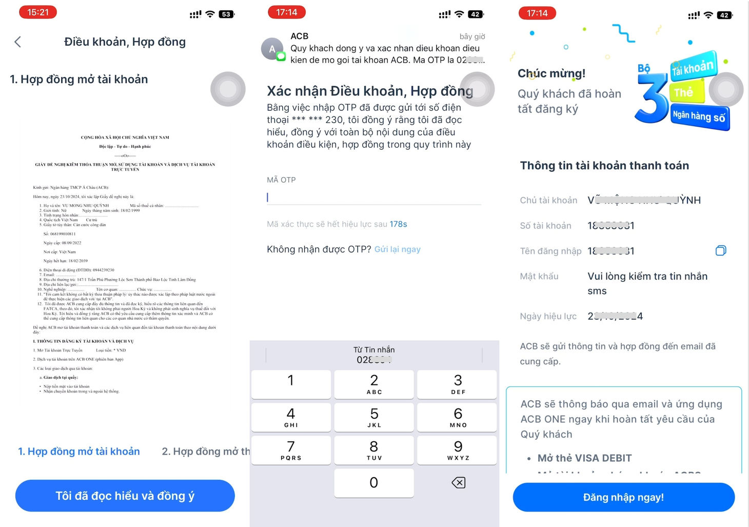 Xác nhận điều khoản và hoàn tất mở tài khoản ACB online