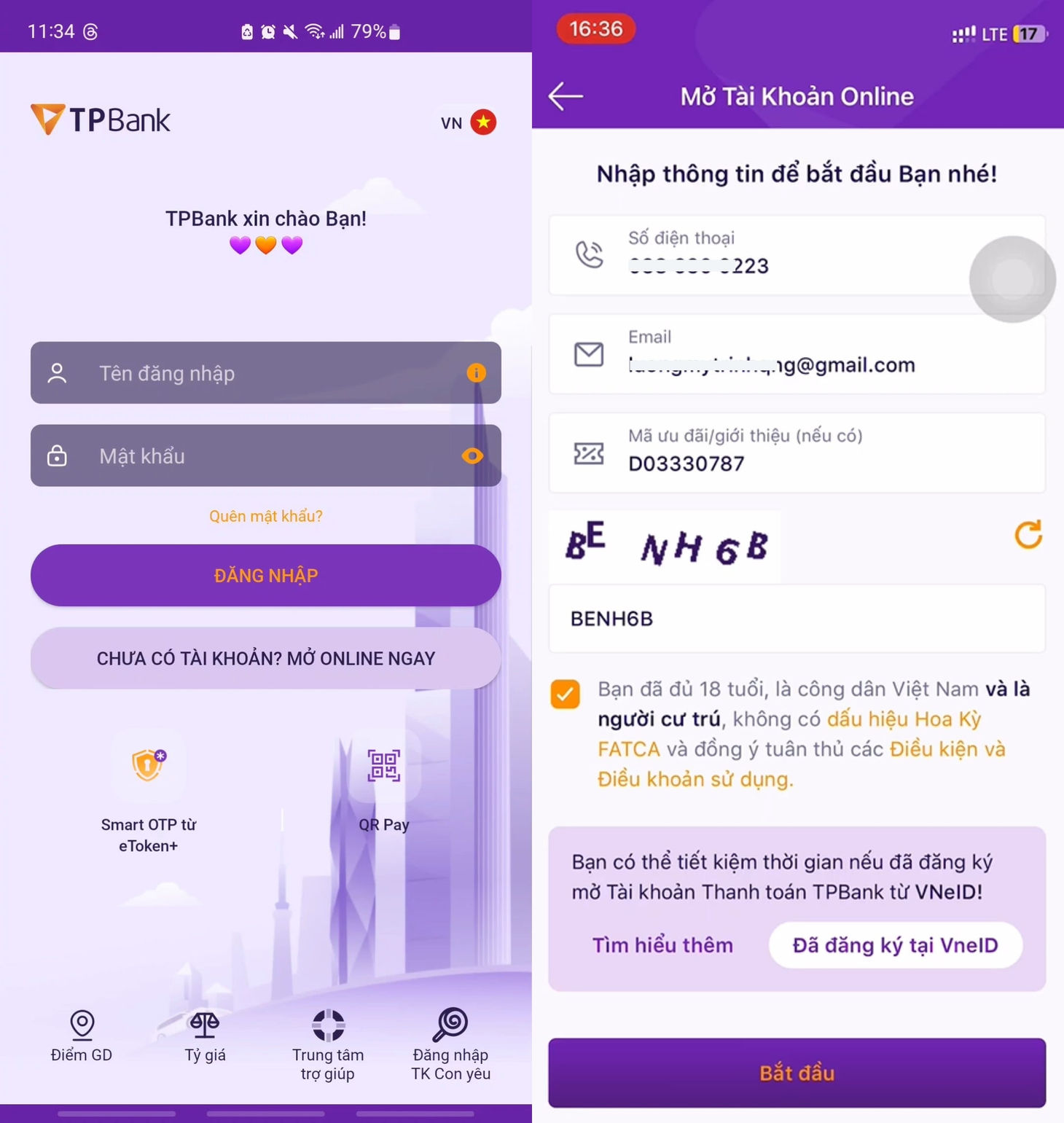 Nhập số điện thoại và email để mở tài khoản TPBank