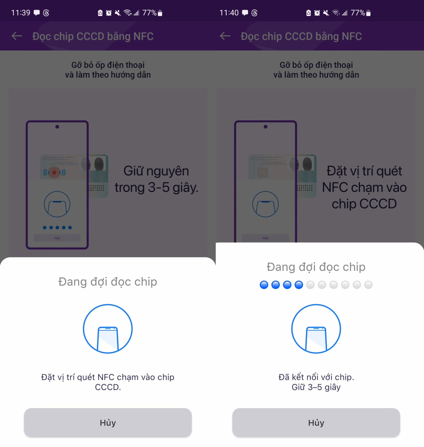 Giữ nguyên điện thoại trong 5 giây để đọc chip CCCD