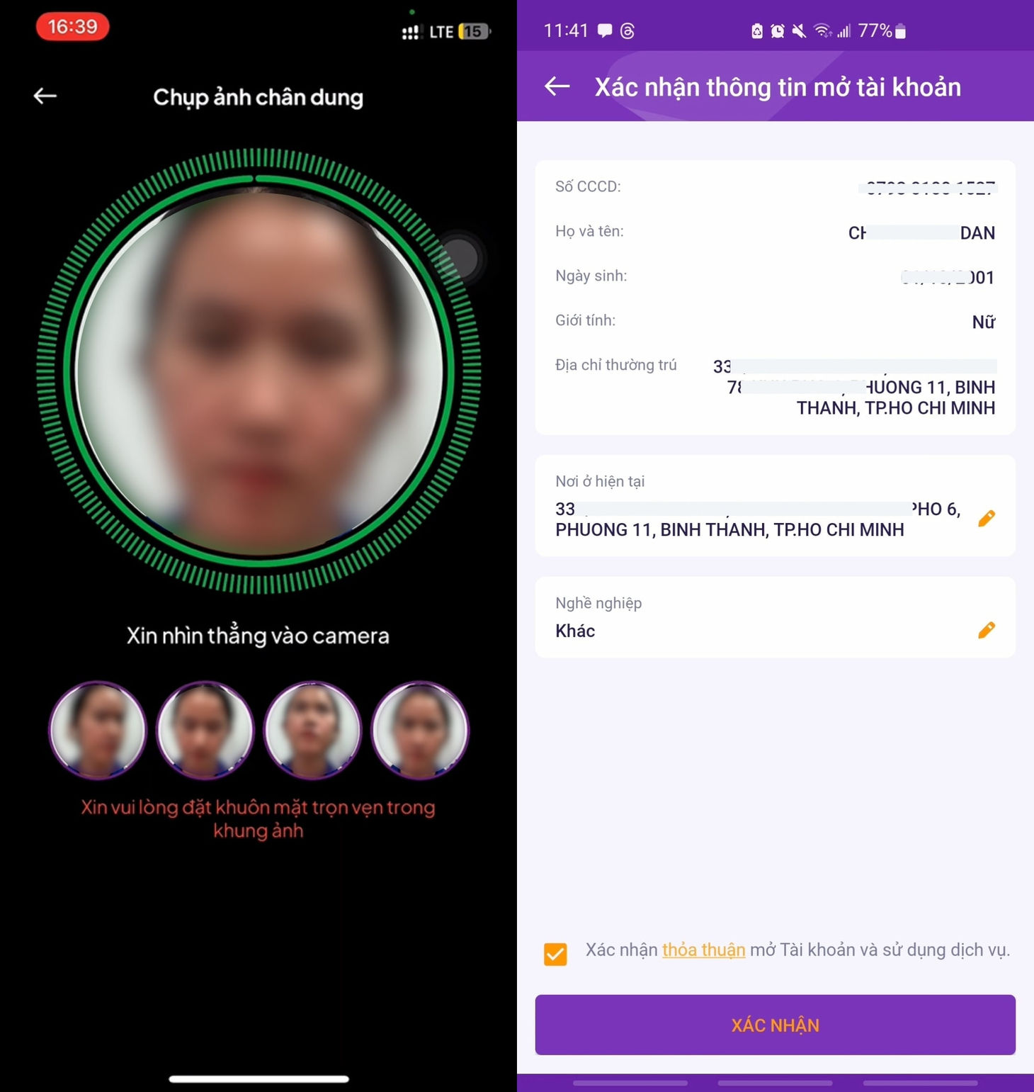 Chụp ảnh chân dung xác thực khuôn mặt mở tài khoản TPBank