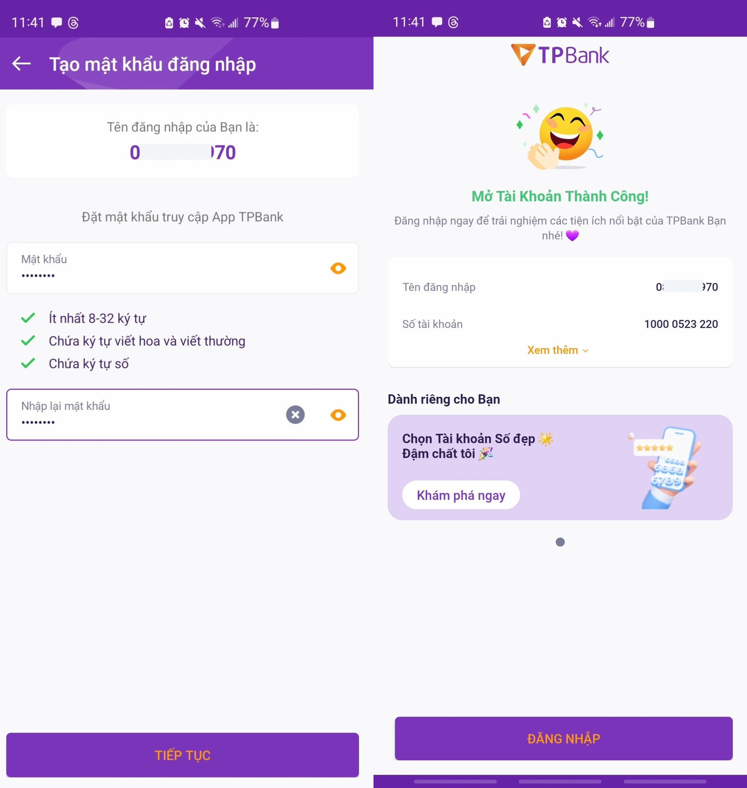 Tạo tên đăng nhập và mật khẩu cho tài khoản TPBank