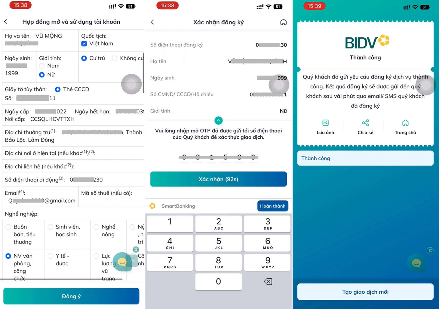Xác nhận OTP từ số điện thoại và hoàn tất mở tài khoản BIDV online