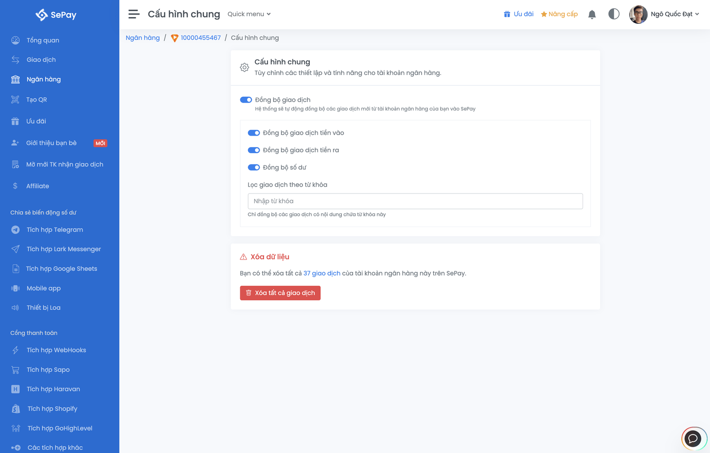 Giao diện cấu hình tài khoản ngân hàng trên trang quản trị SePay