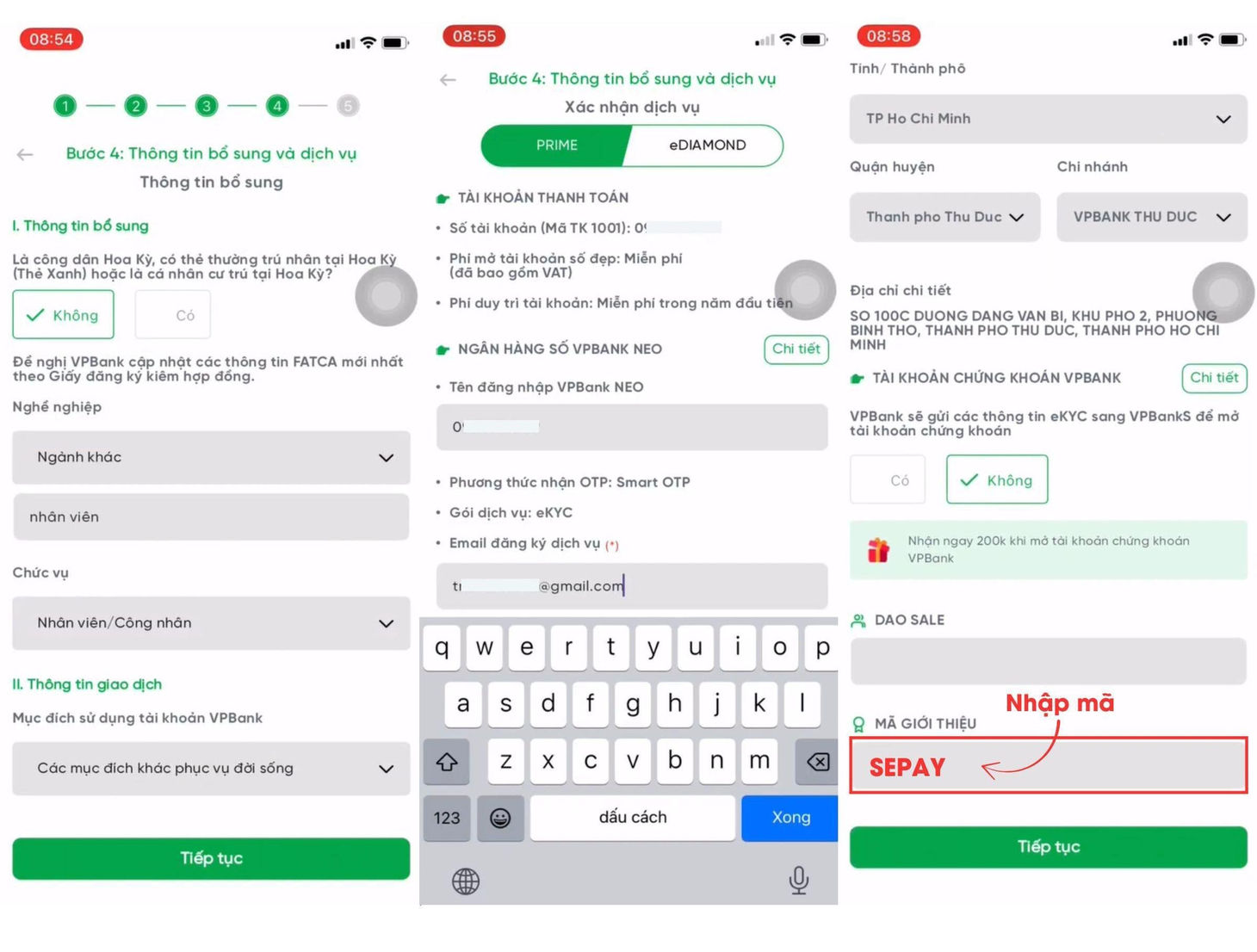 Nhập mã giới thiệu SePay khi mở tài khoản VPBank