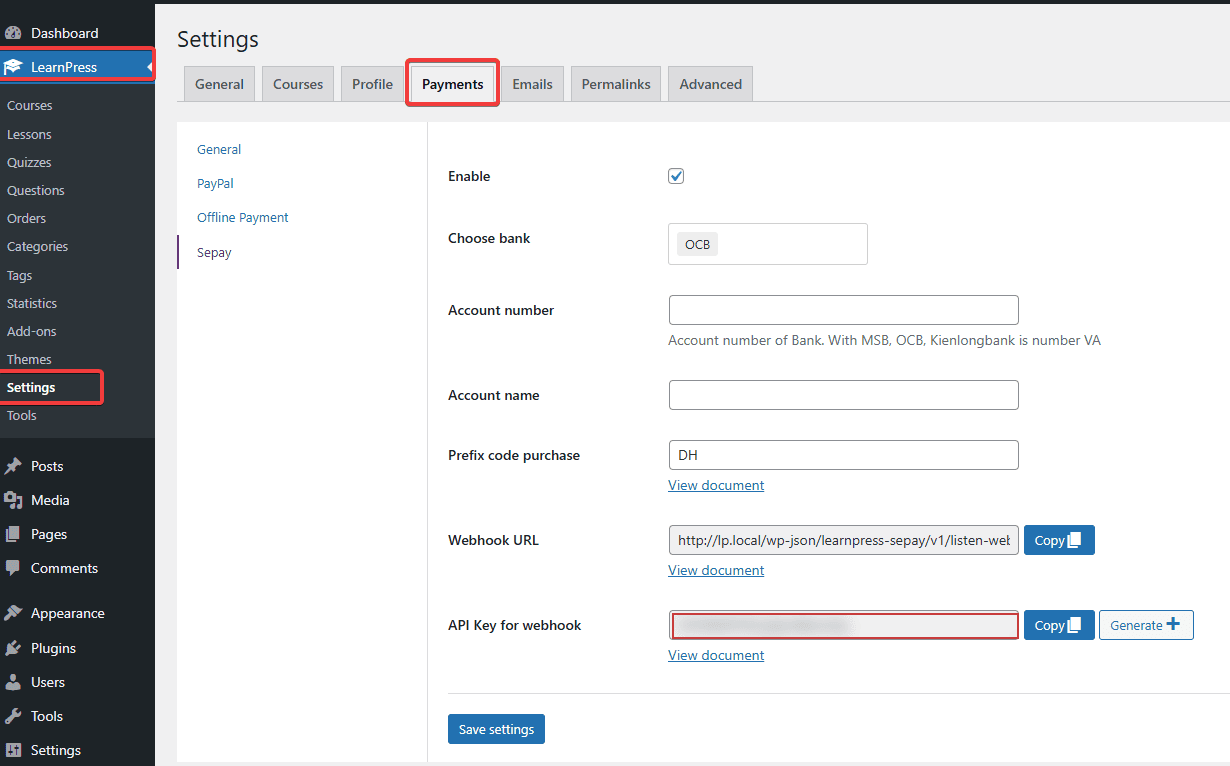 Cấu hình phương thức thanh toán SePay trong LearnPress Settings