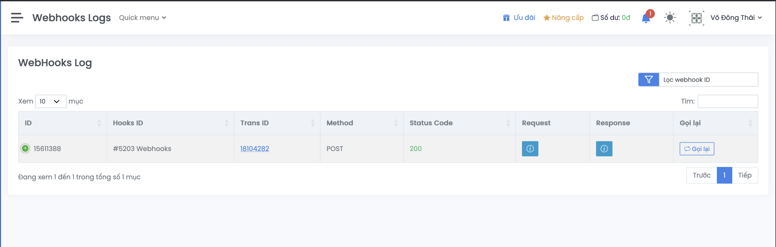 Danh sách webhook