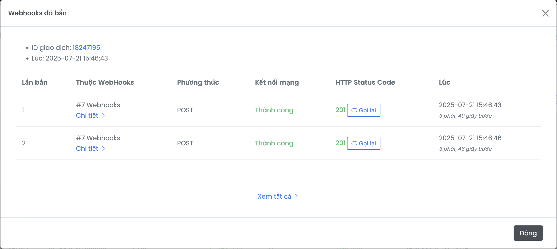 Danh sách webhook đã bắn