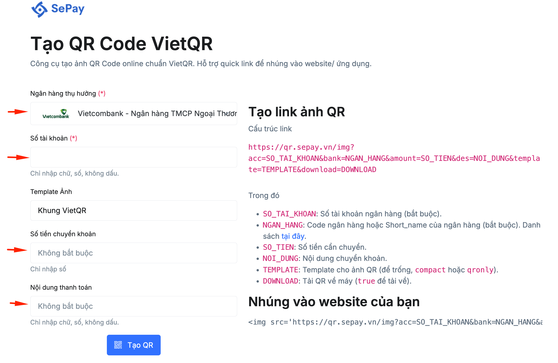 Giao diện tạo mã vietqr tại qr.sepay.vn