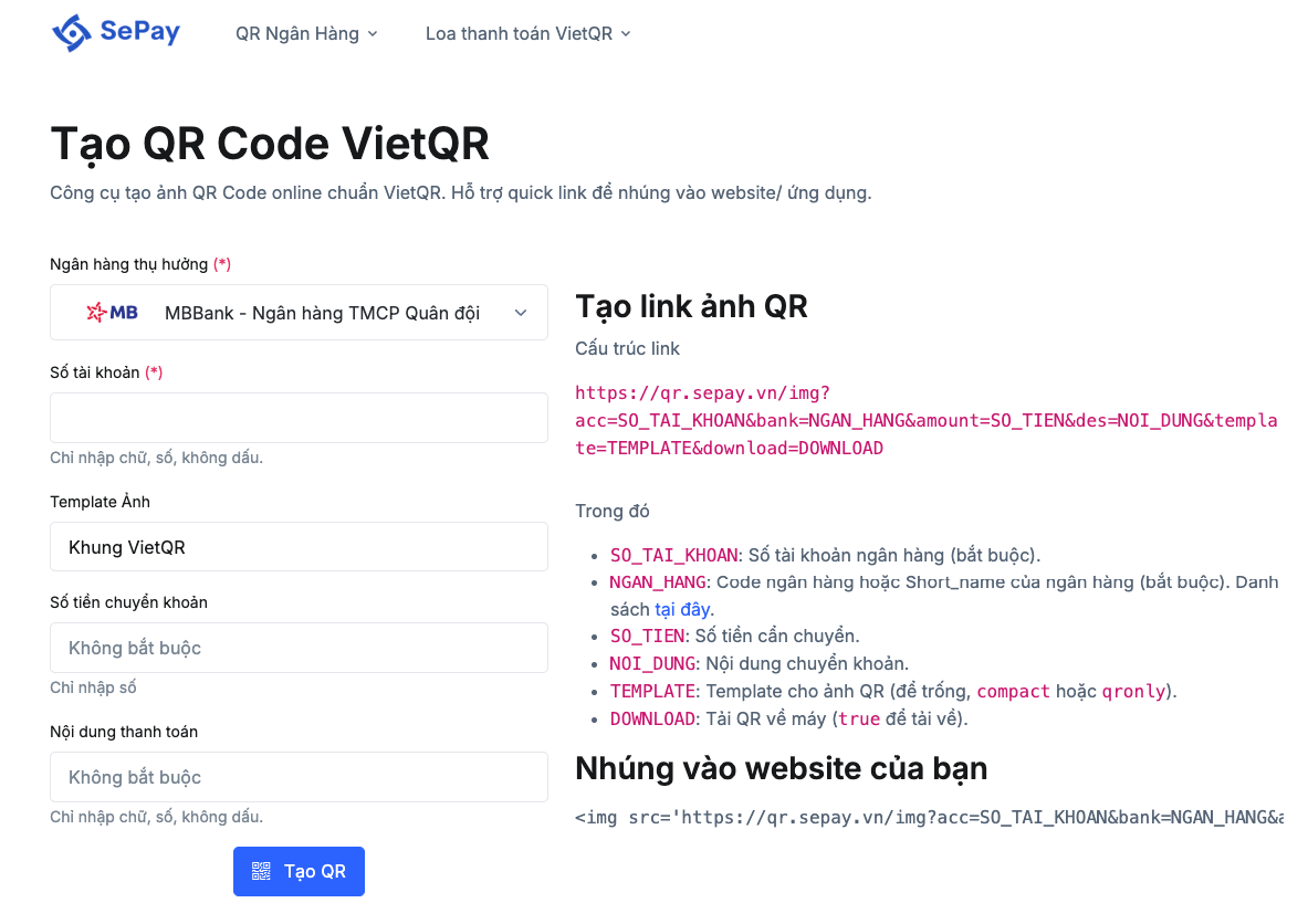 Giao diện tạo mã QR ngân hàng tại qr.sepay.vn
