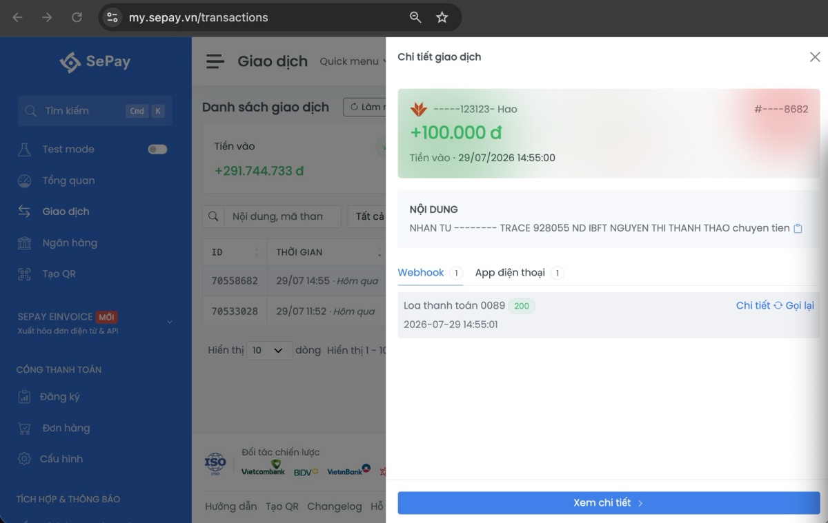 Chi tiết giao dịch tiền vào PGBank và trạng thái webhook