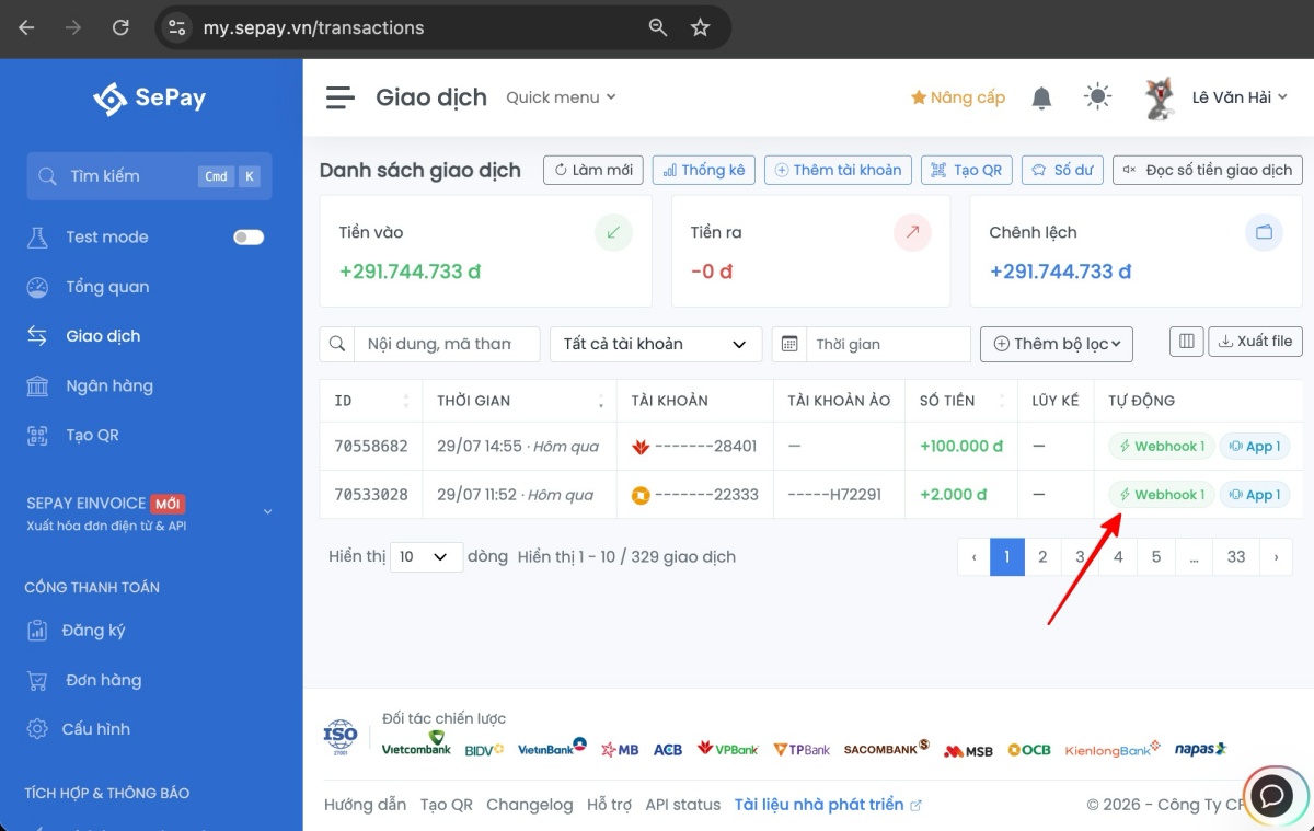 Danh sách giao dịch PGBank với trạng thái webhook đã gửi