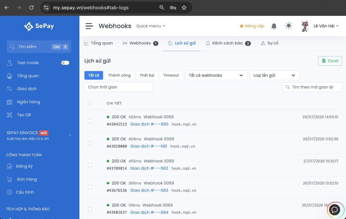 Lịch sử gửi webhook tài khoản PGBank trên SePay