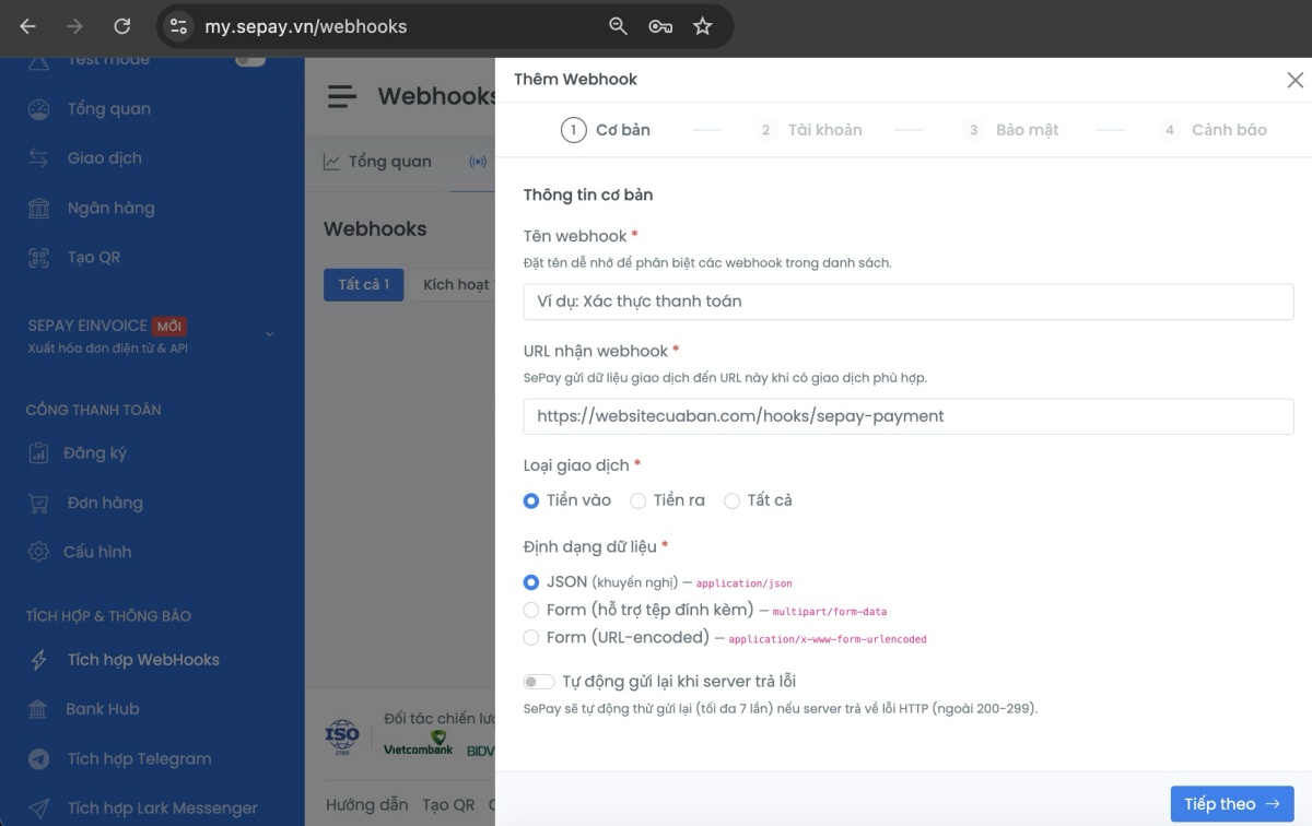 Cửa sổ thêm webhook cho tài khoản PGBank trên SePay