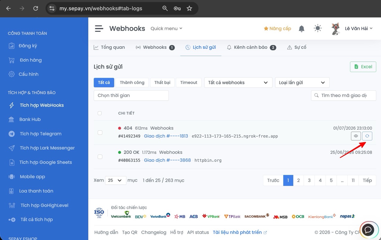 Gọi lại webhook thất bại cho giao dịch PGBank