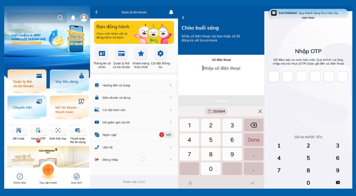 Giao diện đăng ký và nhập mã OTP trên ứng dụng Sacombank Pay