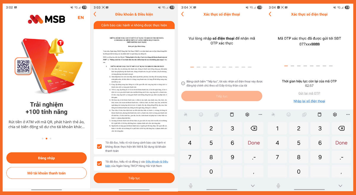 Đăng ký và nhập mã xác thực mở tài khoản MSB online