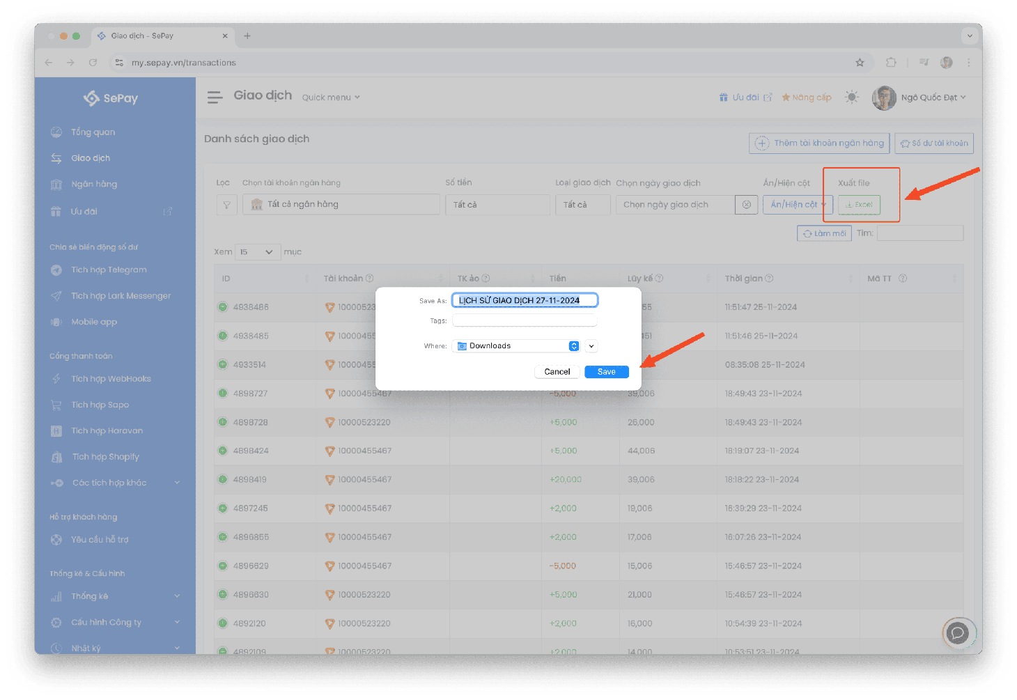 Xuất danh sách giao dịch ra file Excel từ SePay