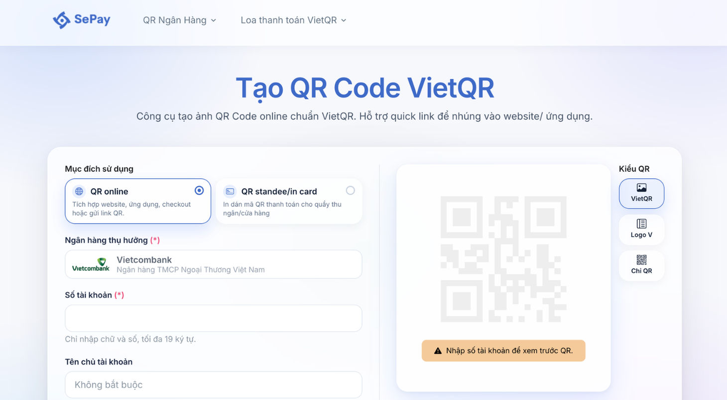 Giao diện công cụ tạo mã QR Code VietQR trên SePay