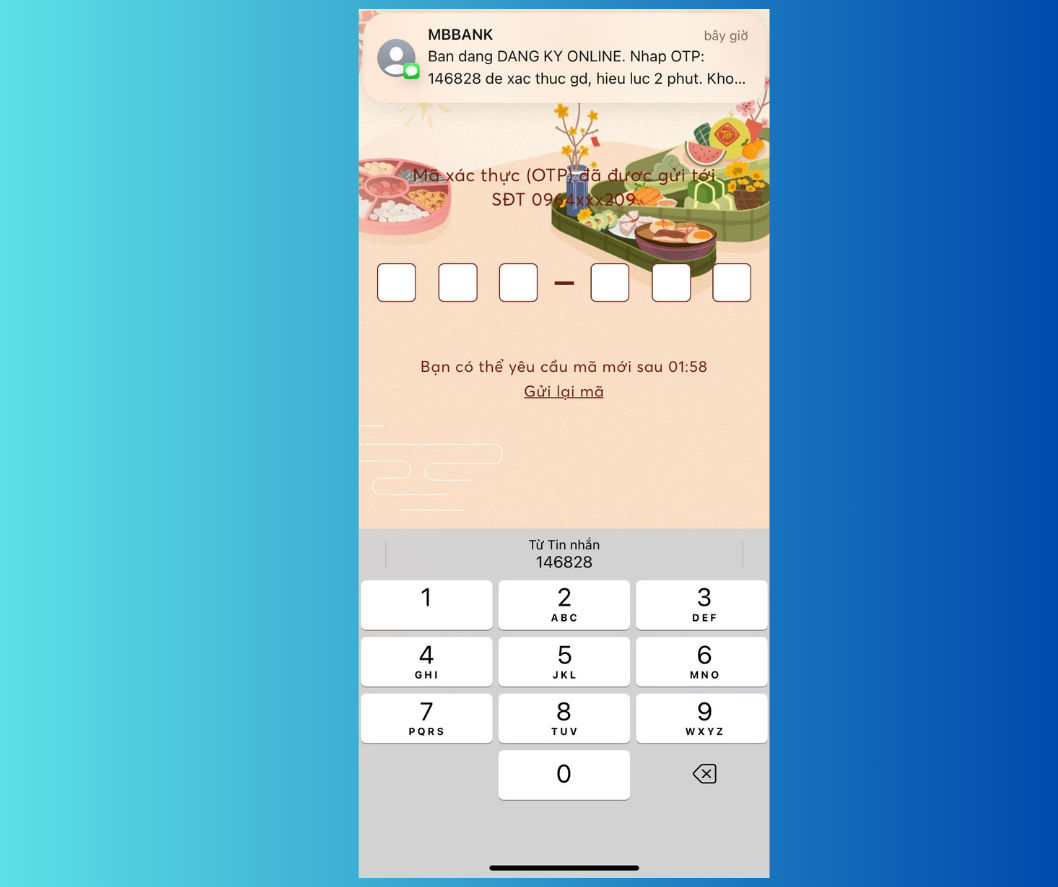 Nhập mã xác thực để đăng ký tài khoản MBBank online