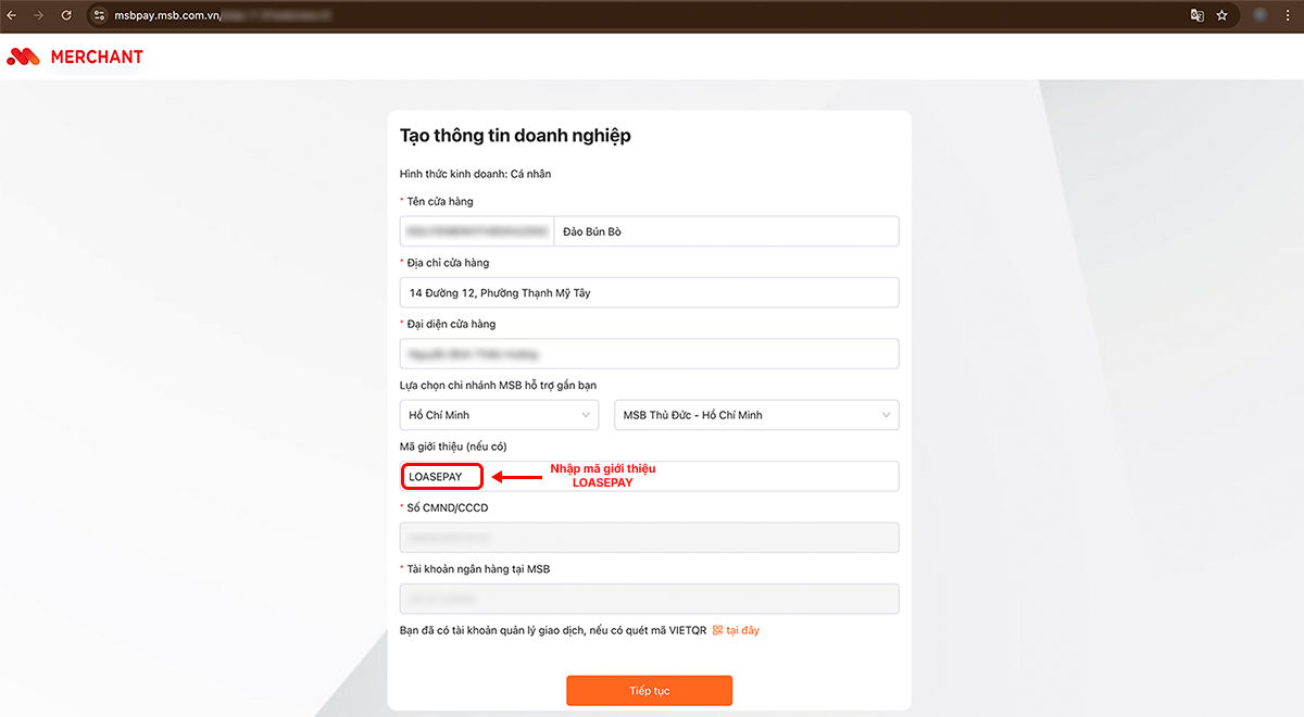Màn hình tạo thông tin doanh nghiệp trên trang quản trị SePay