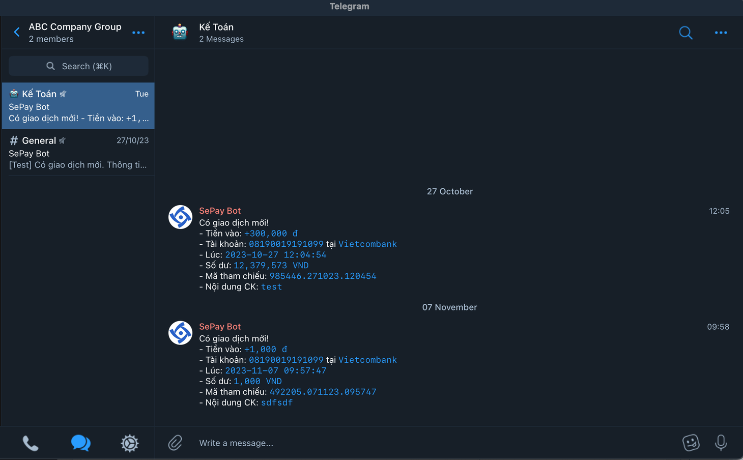 Thông báo giao dịch SePay gửi vào nhóm Telegram theo topic