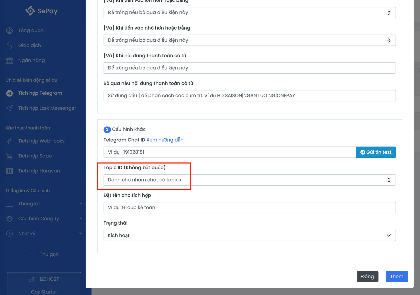 Cấu hình Telegram Topic ID để nhận thông báo giao dịch SePay