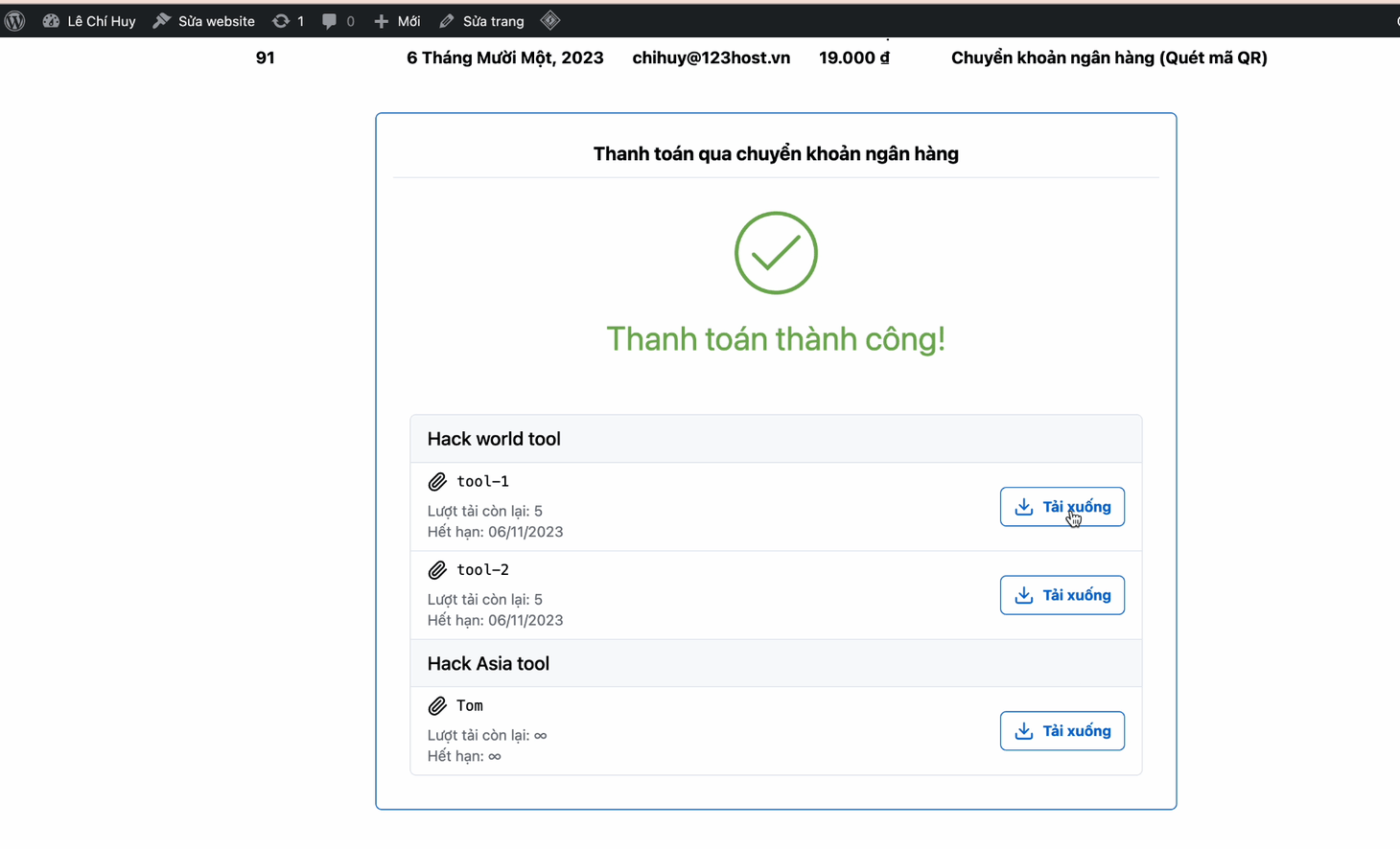 Thanh toán thành công và nhận link tải sản phẩm số