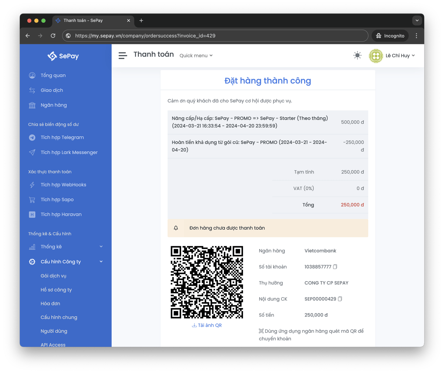 Thanh toán hóa đơn nâng cấp dịch vụ SePay bằng mã QR